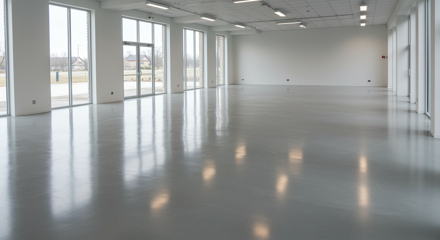 Bright commercial room featuring a flawless coated concrete floor with a polished finish, highlighting professional commercial floor coating results