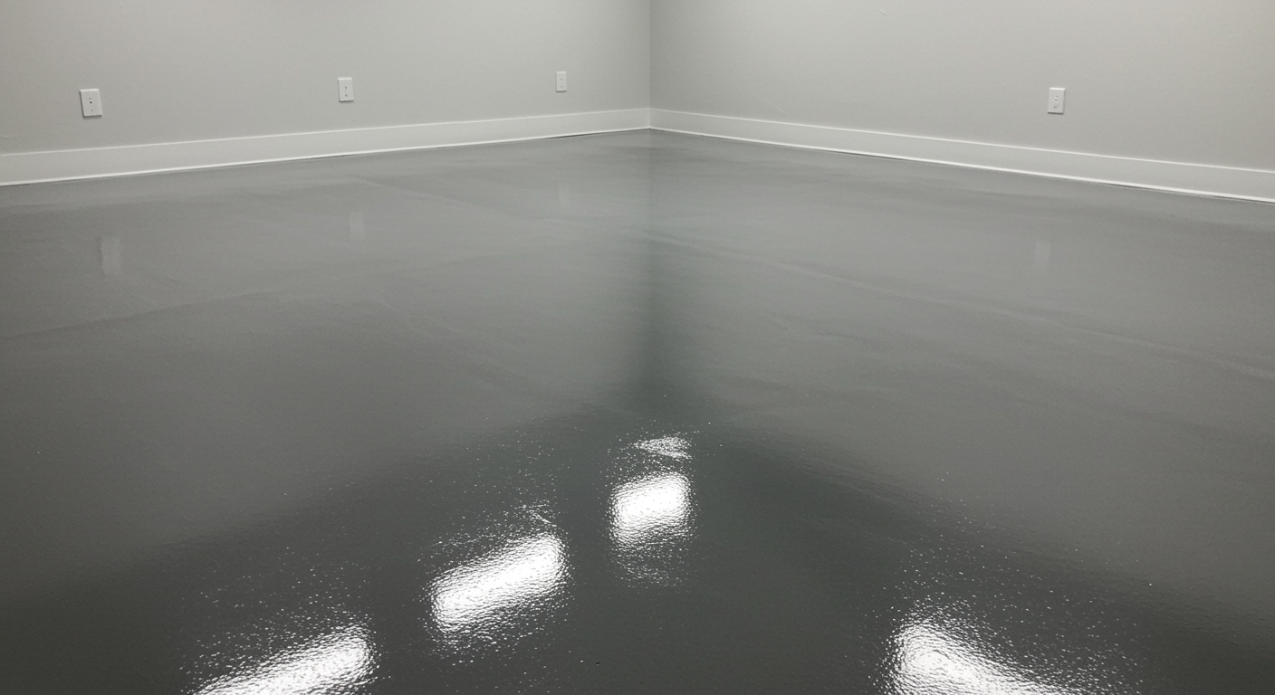 Freshly coated gray epoxy garage floor with a smooth, polished finish in a clean, well-lit space