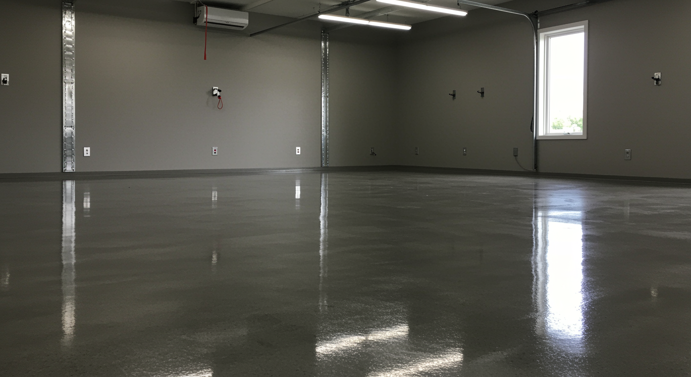freshly polished concrete garage floor with a mirror-like shine and modern finish in a residential space
