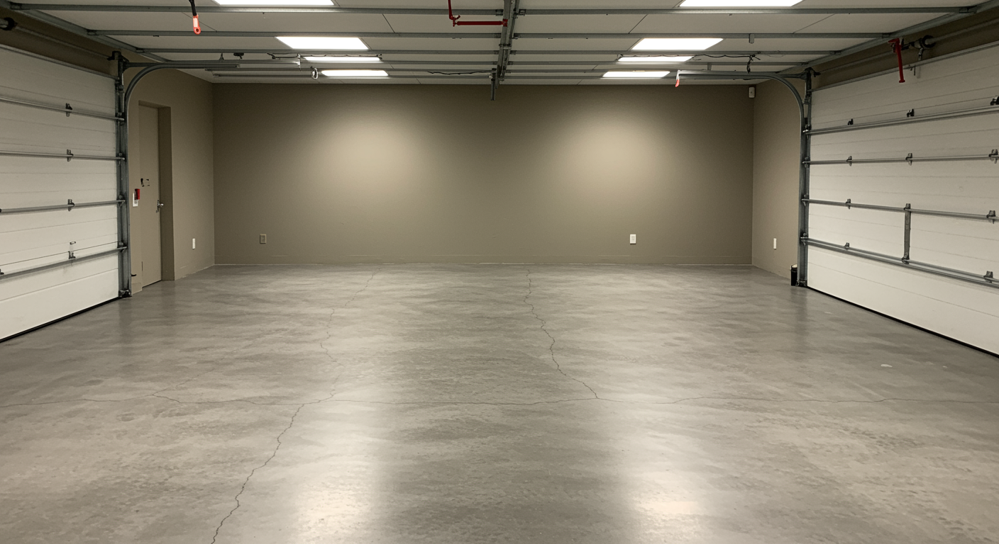 Pristine repaired garage floor with seamless smooth concrete surface in a residential garage, no visible cracks or damage