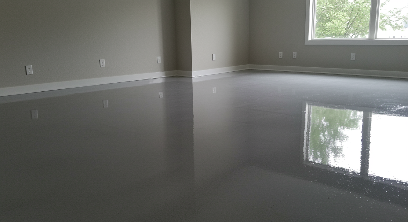 flawlessly coated epoxy garage floor in a residential space, shiny and even, demonstrating a pristine general contracting finish