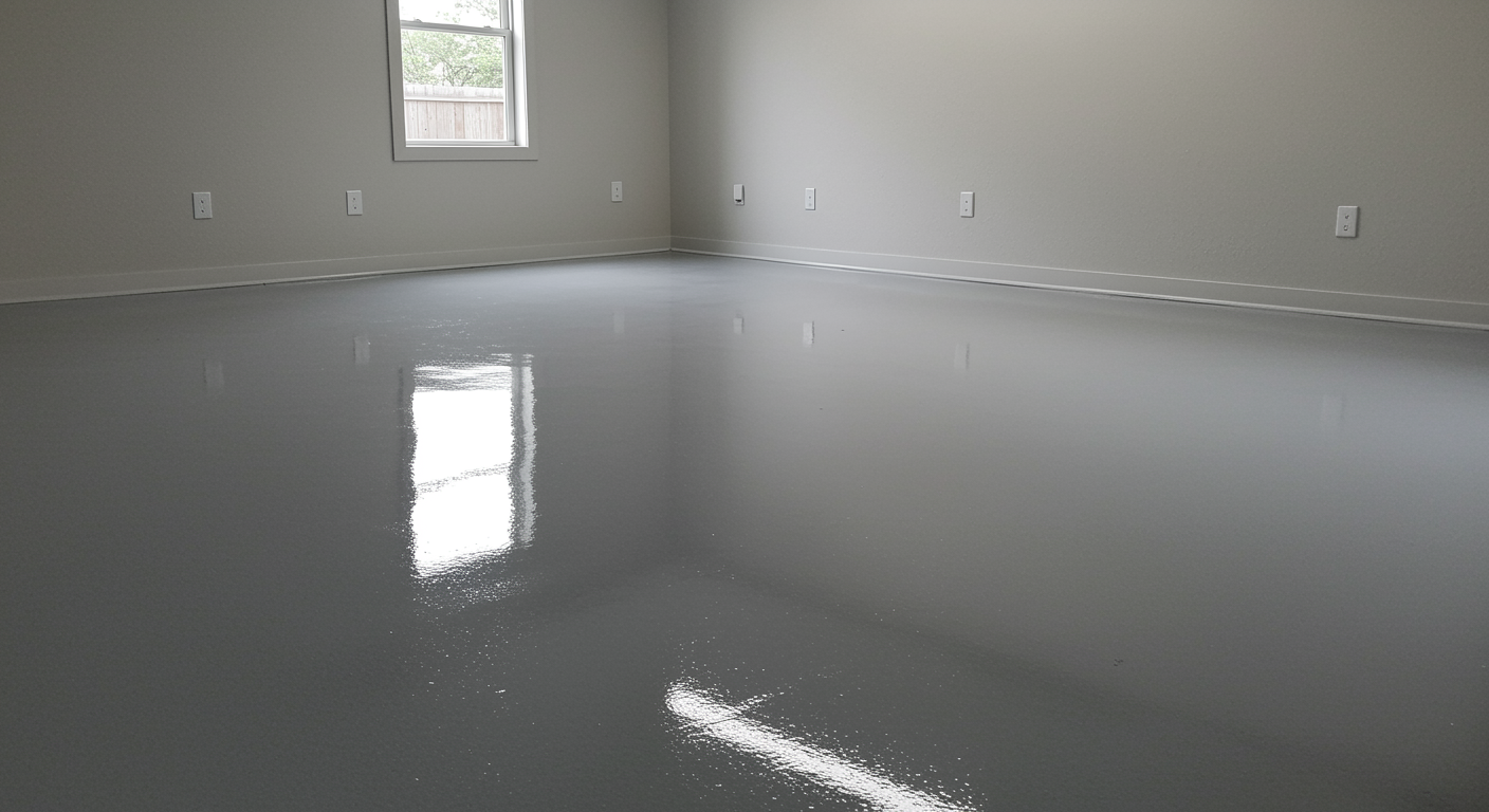 Refinished garage floor with smooth epoxy coating in gray, gleaming under natural light, showing a pristine finished result