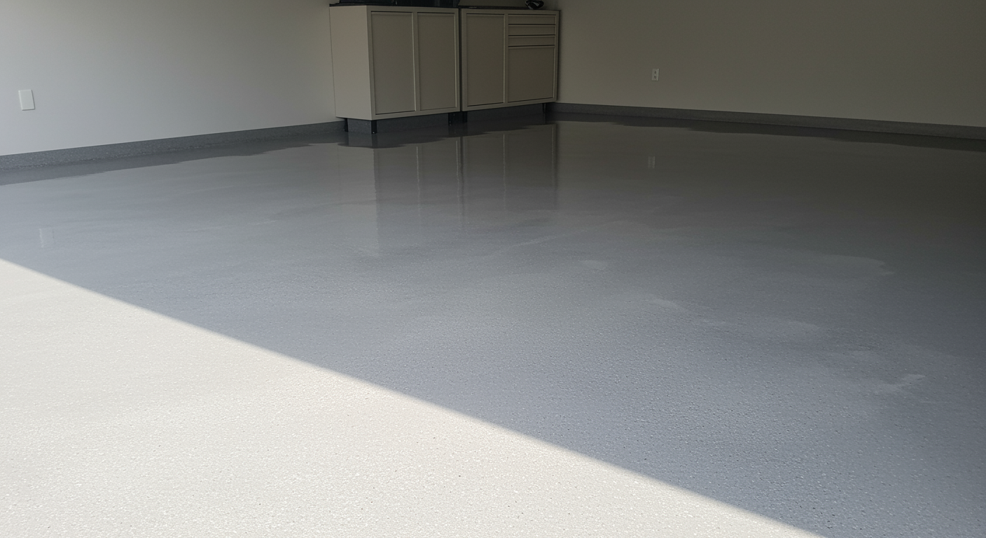 Garage floor after professional resurfacing with a smooth, glossy gray finish in a clean and organized garage