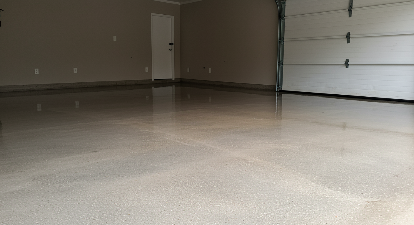 Sealed garage floor with a shiny, smooth surface in a modern garage, showcasing professional floor sealing results