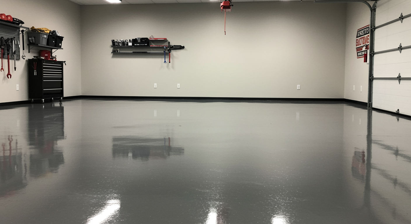 Pristine epoxy garage floor with a shiny, seamless finish in a clean, organized garage