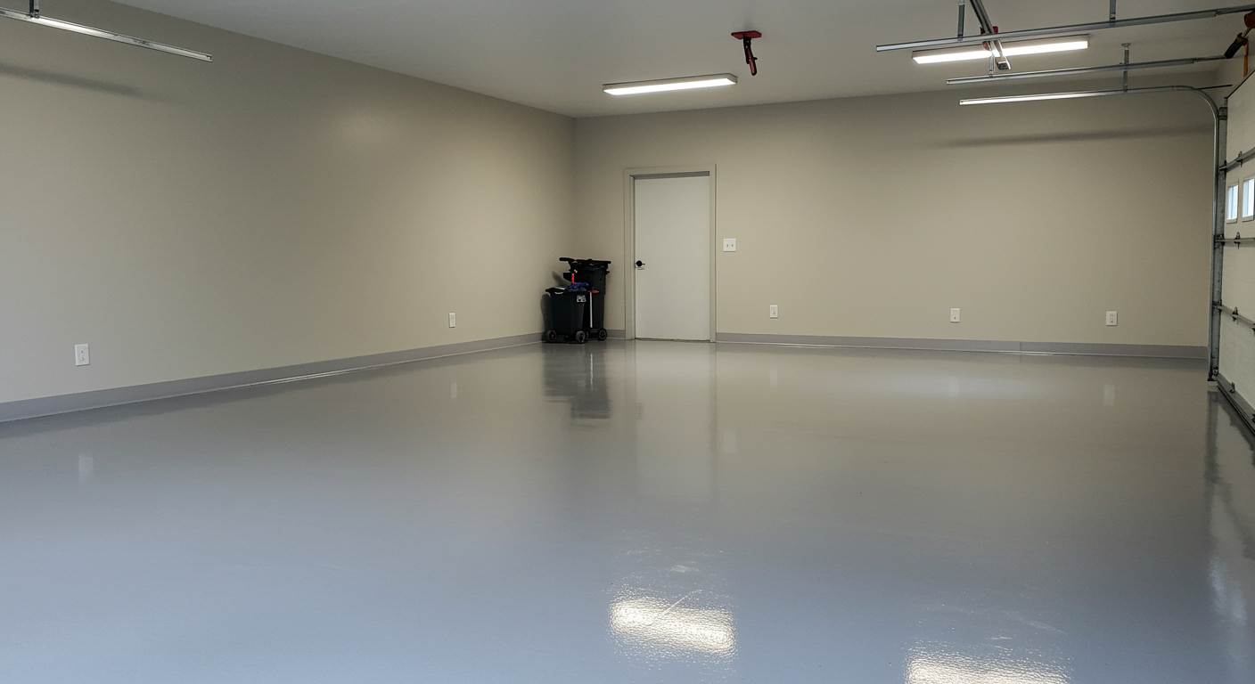 Beautiful finished garage with seamless gray epoxy flooring, clean walls, and natural lighting highlighting the pristine floor coating