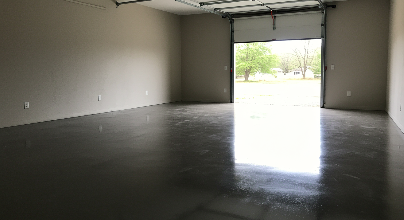 Pristine garage floor after professional repair with a seamless surface and natural lighting highlighting the quality finish