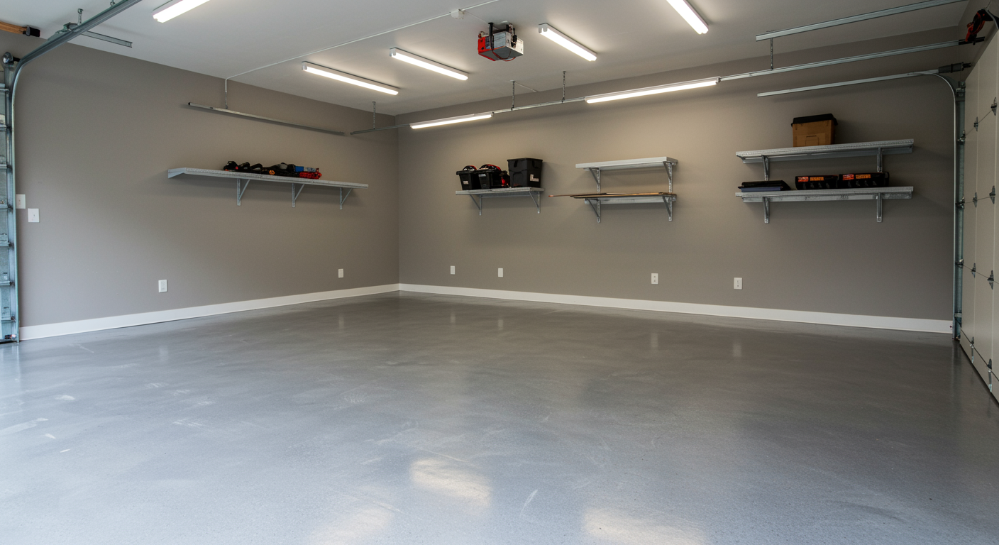 Beautiful residential garage featuring a professionally applied epoxy floor coating with a brilliant, seamless finish, showcasing the results of expert general contracting services